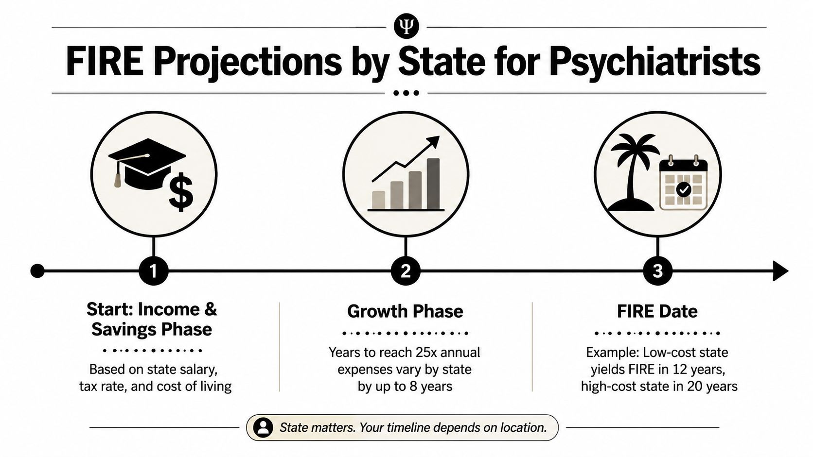 A graphic showing how state-specific salary, taxes, and cost of living impact the timeline for psychiatrist retirement.