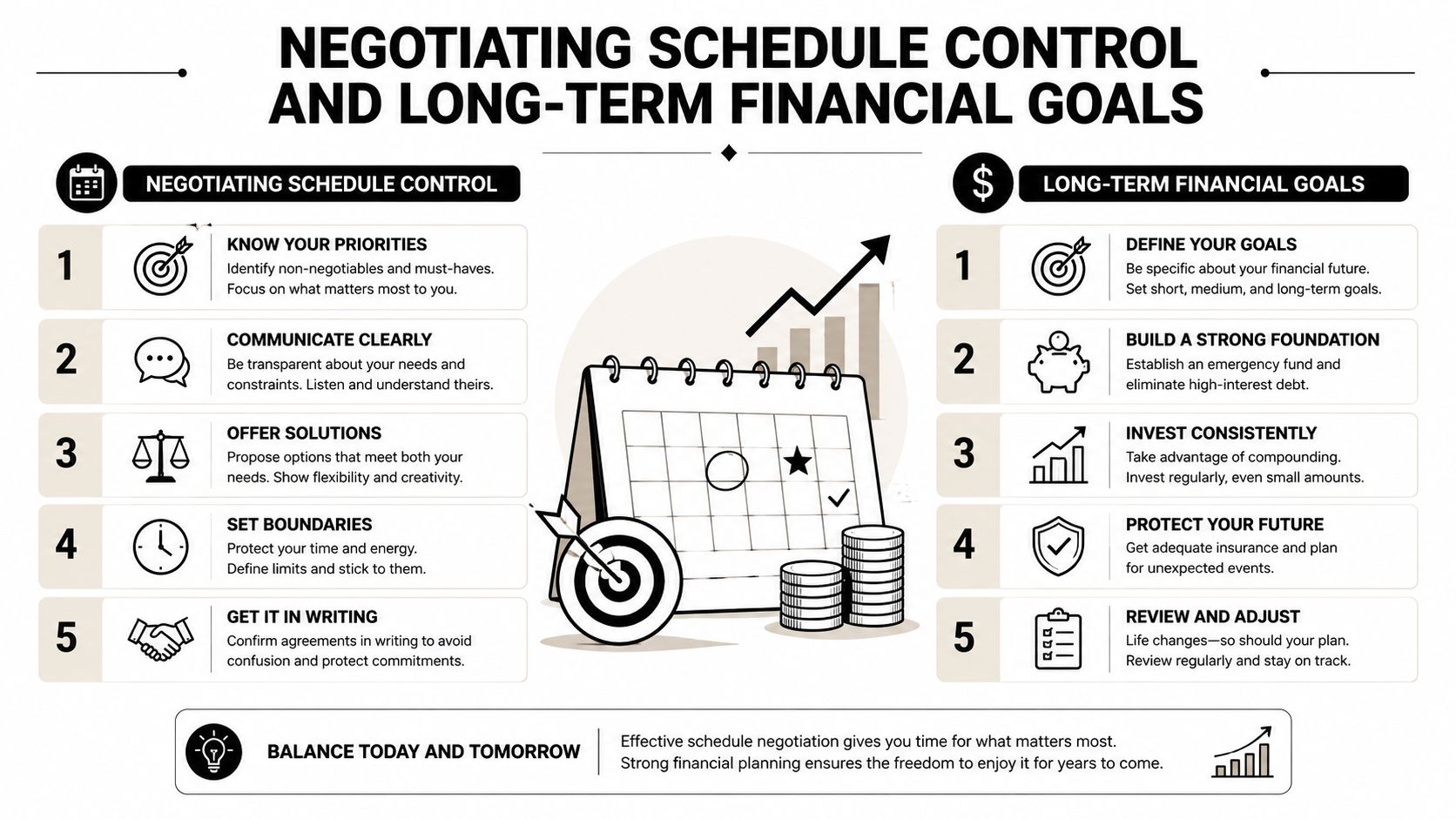 A diagram illustrating the connection between negotiating schedule control and achieving long-term financial goals through actionable steps.