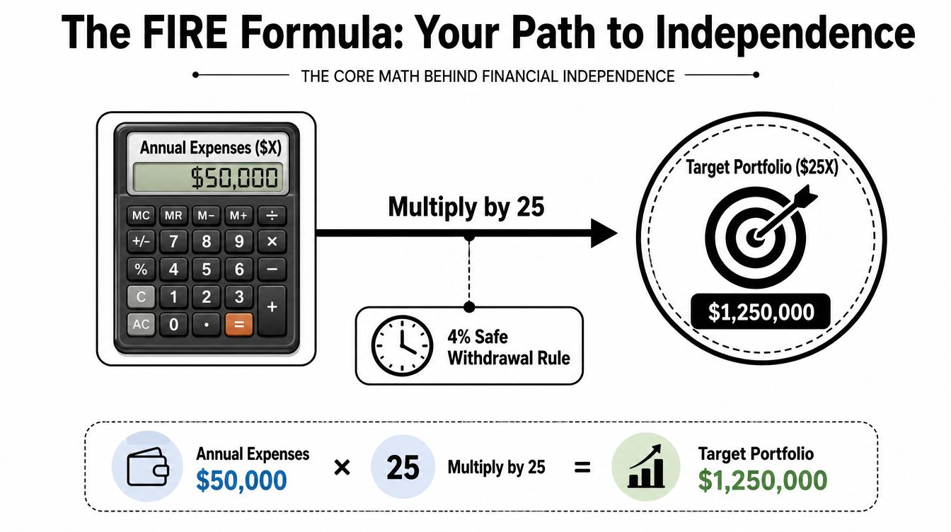 A diagram explaining the FIRE formula of multiplying annual expenses by 25 to reach a target portfolio.