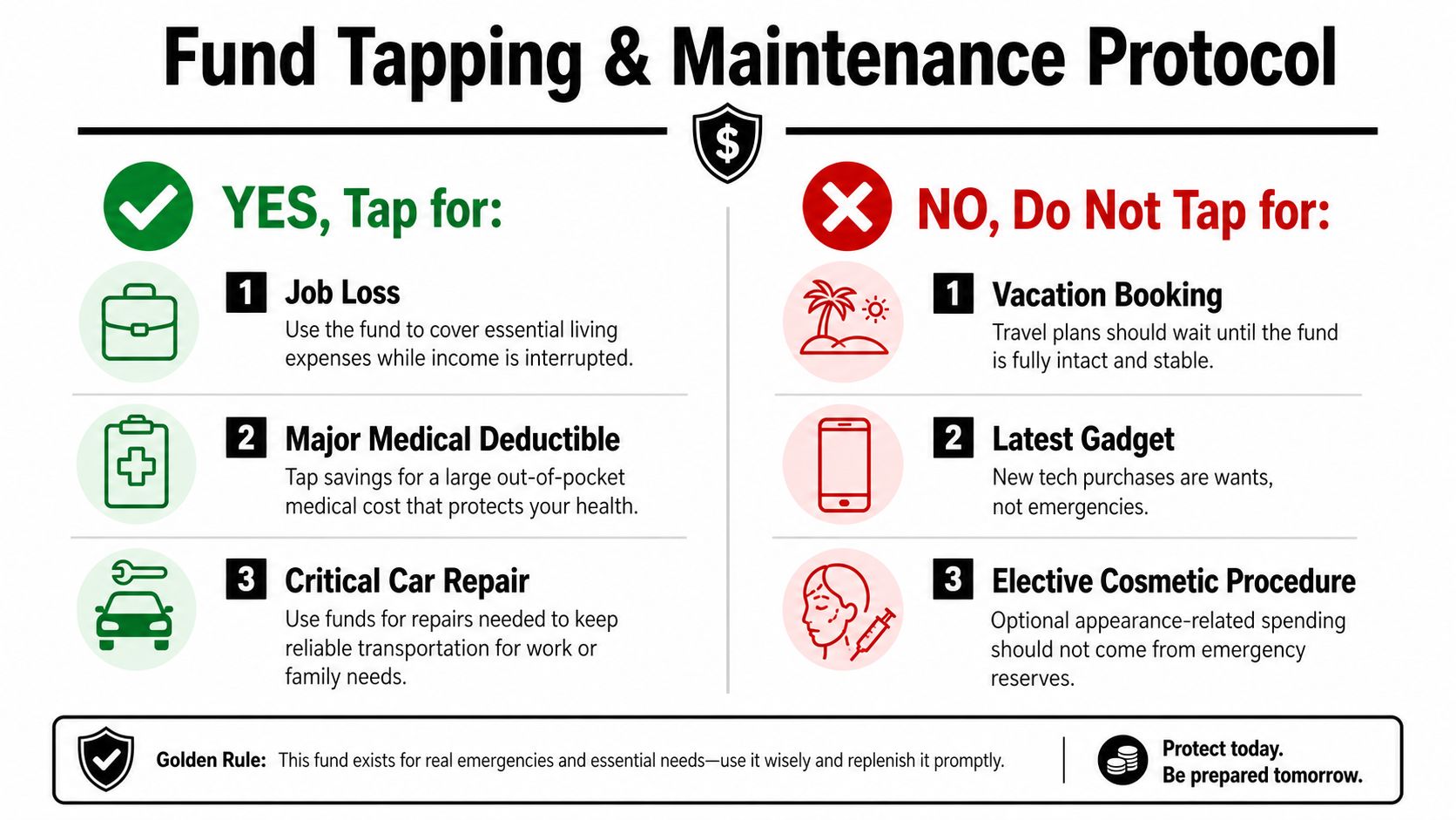 An infographic titled Fund Tapping & Maintenance Protocol listing appropriate and inappropriate uses of emergency savings funds.