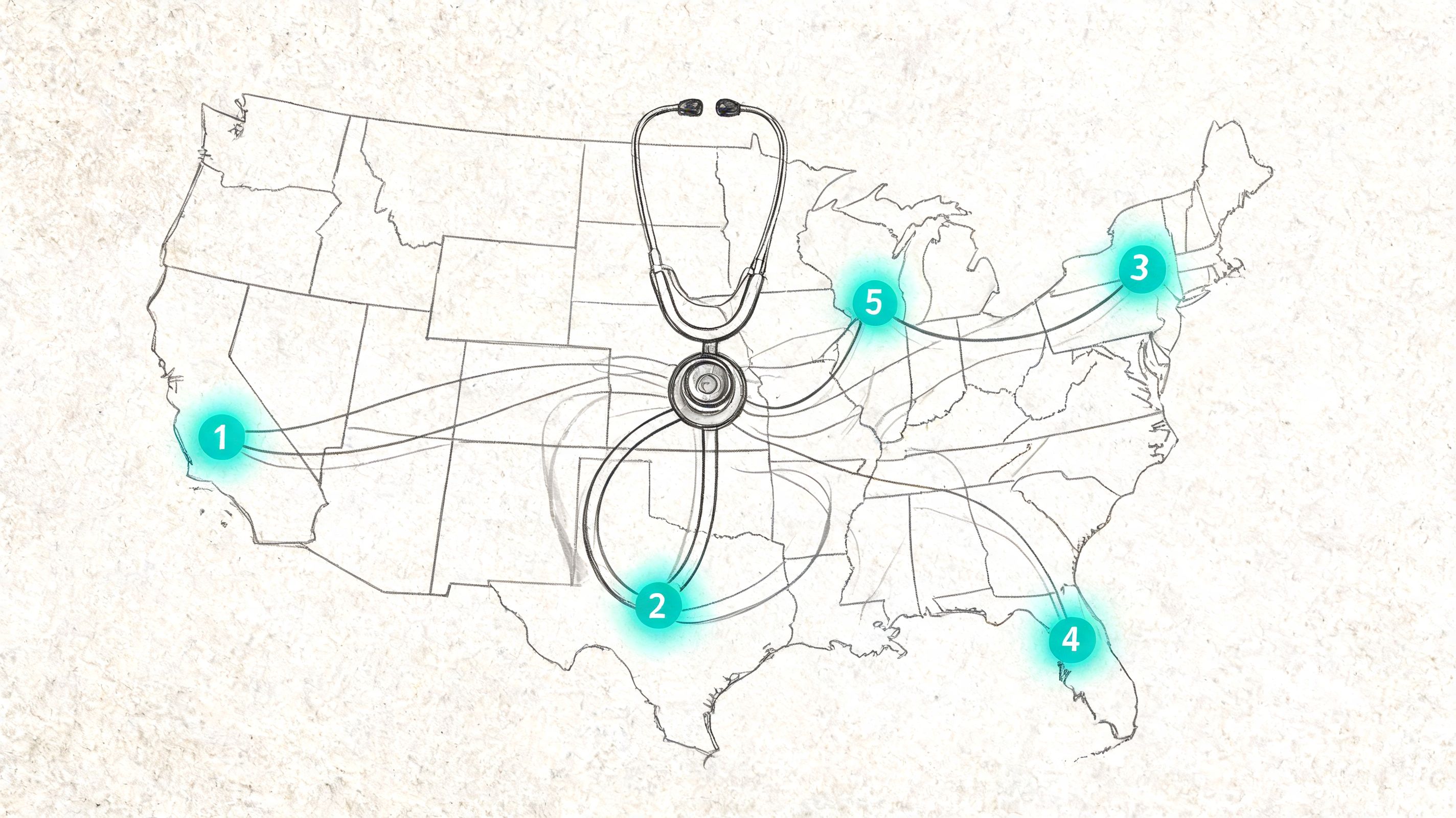 A map of the United States with a stethoscope overlay highlighting five numbered medical service locations.