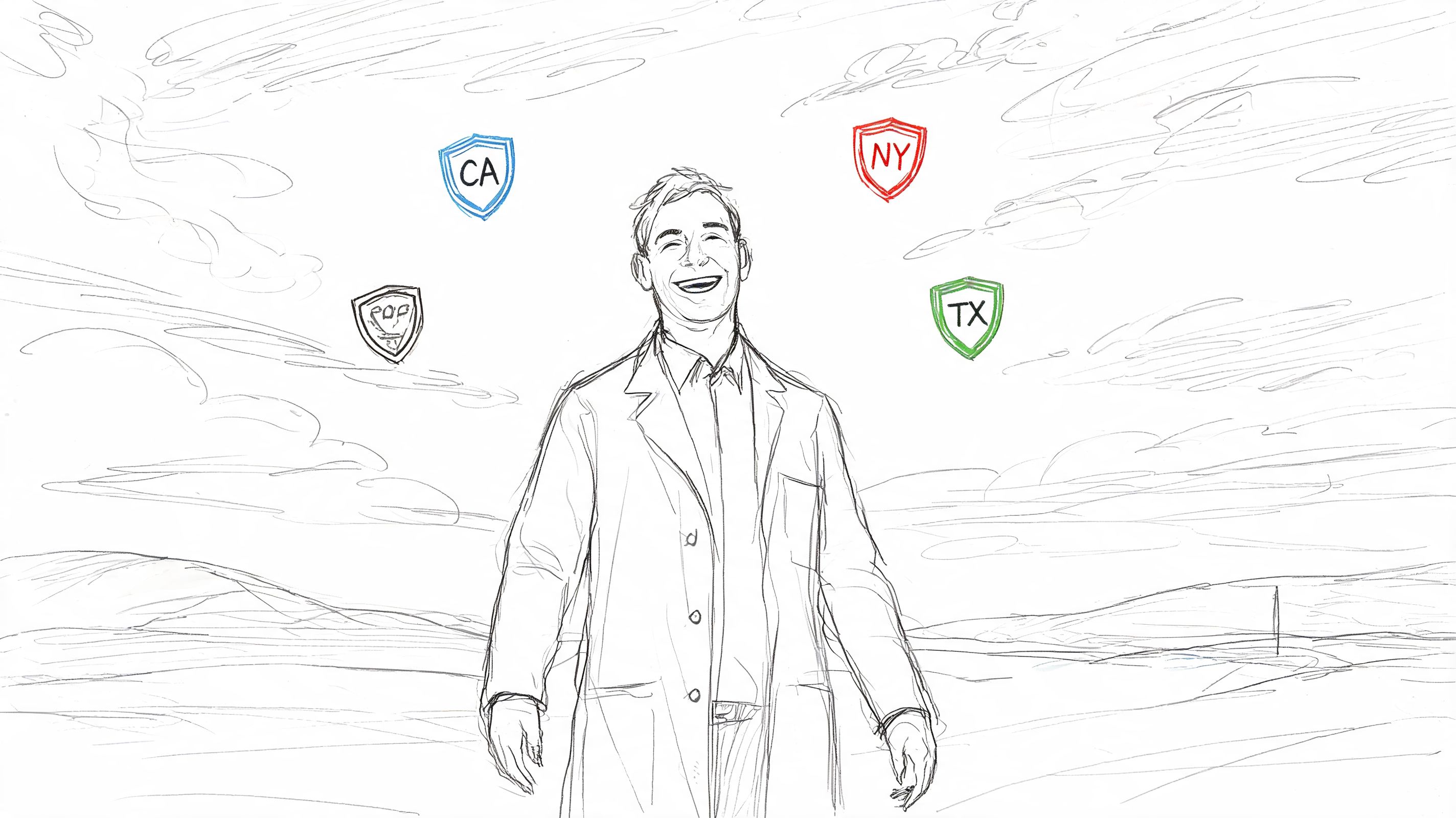 A sketched illustration of a happy doctor surrounded by floating shields representing US state medical licensing.