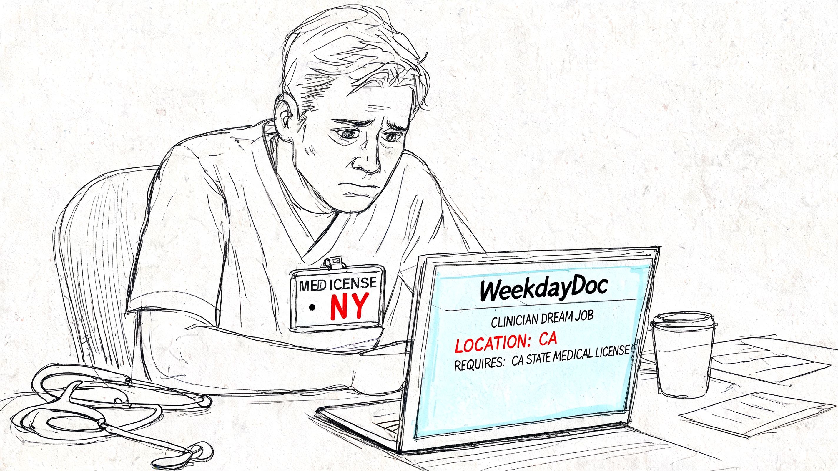 A doctor looks stressed while viewing a California job posting on a laptop with a New York license.
