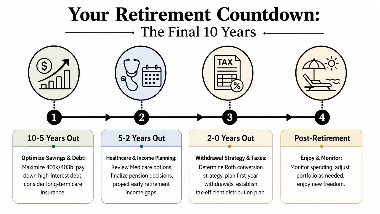 A four-step retirement countdown timeline highlighting financial, healthcare, and tax planning strategies for the final ten years.