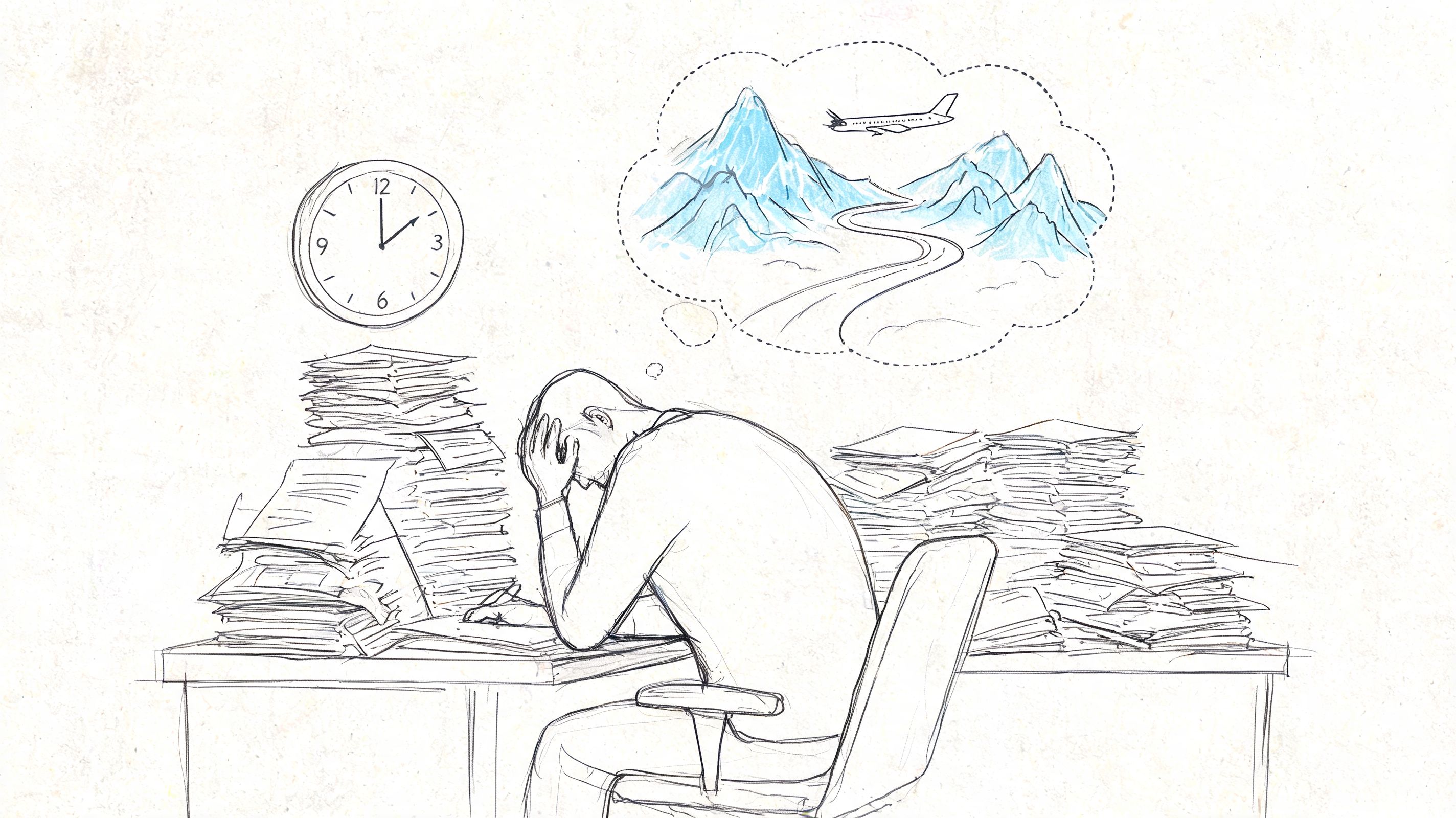 A person overwhelmed with paperwork at a desk while daydreaming about traveling to the mountains by airplane.