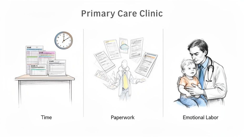 Illustrative sketch showing challenges in a primary care clinic: time constraints, excessive paperwork, and emotional labor.