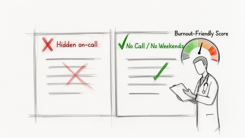 Sketch comparing hidden on-call (bad) versus no call/weekends (good) for doctors, showing a high burnout-friendly score.