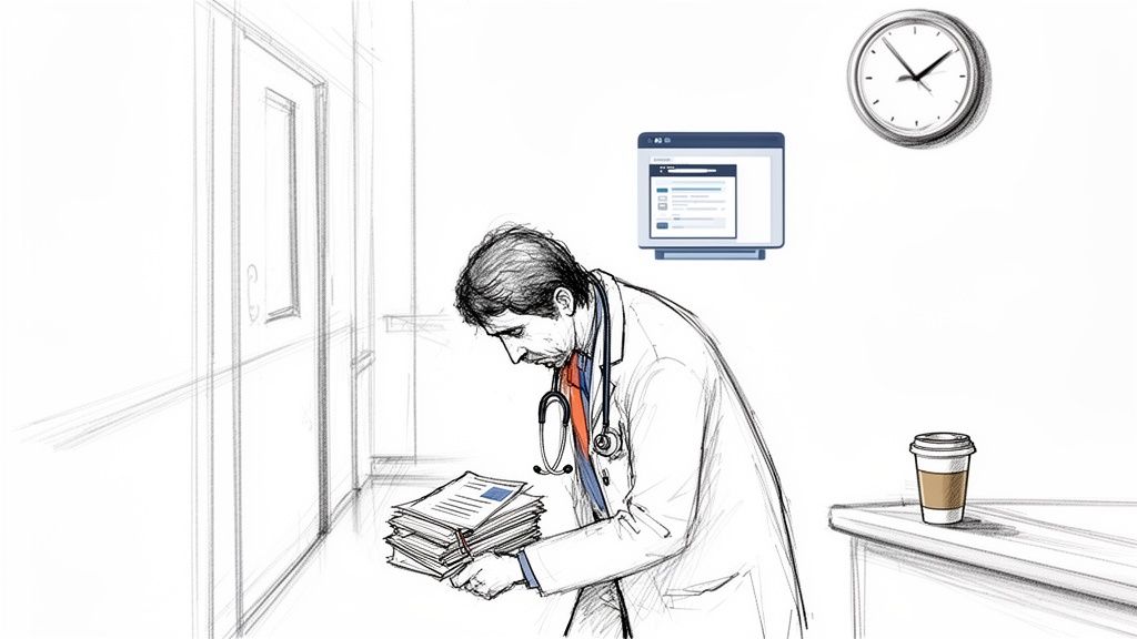 An exhausted doctor holding a large stack of patient files, indicating workload and stress.
