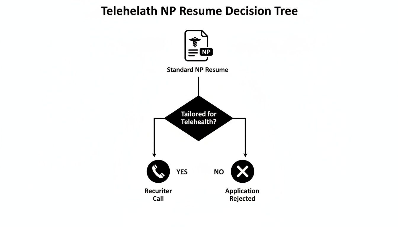 Decision tree illustrating the hiring process for a Telehealth Nurse Practitioner based on resume tailoring.