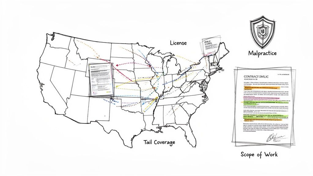 A US map with lines connecting states, displaying documents related to medical licensing and professional coverage.