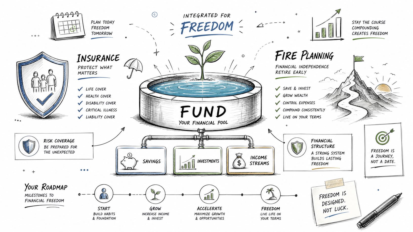 An infographic illustration outlining steps for financial freedom, including insurance, wealth planning, savings, and investment strategies.