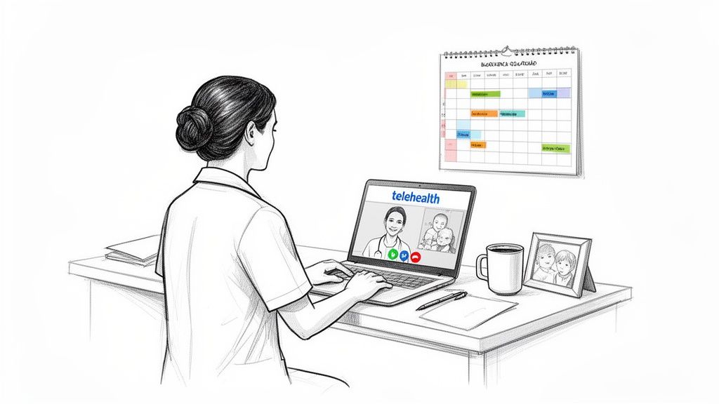 Nurse practitioner provides telehealth consultation to a family via laptop from a home workspace.