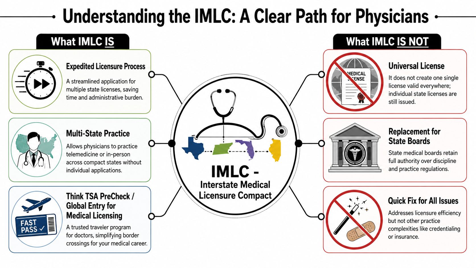 An infographic titled Understanding the IMLC explaining what the Interstate Medical Licensure Compact is and is not.