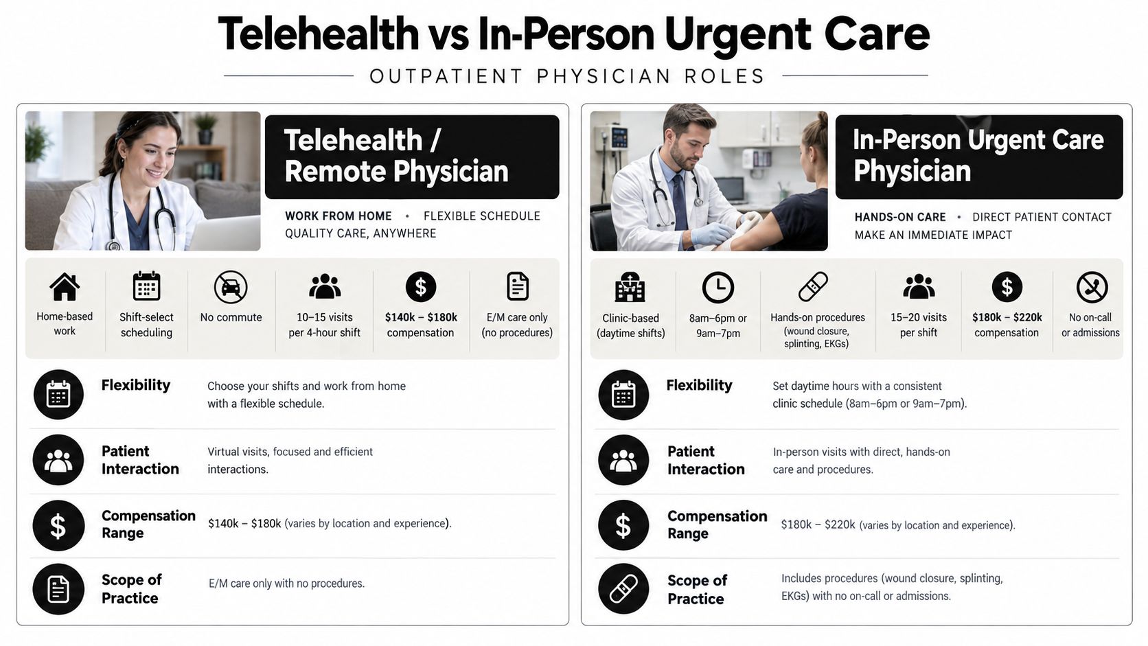 A comparison chart highlighting the key differences between telehealth and in-person urgent care physician roles.