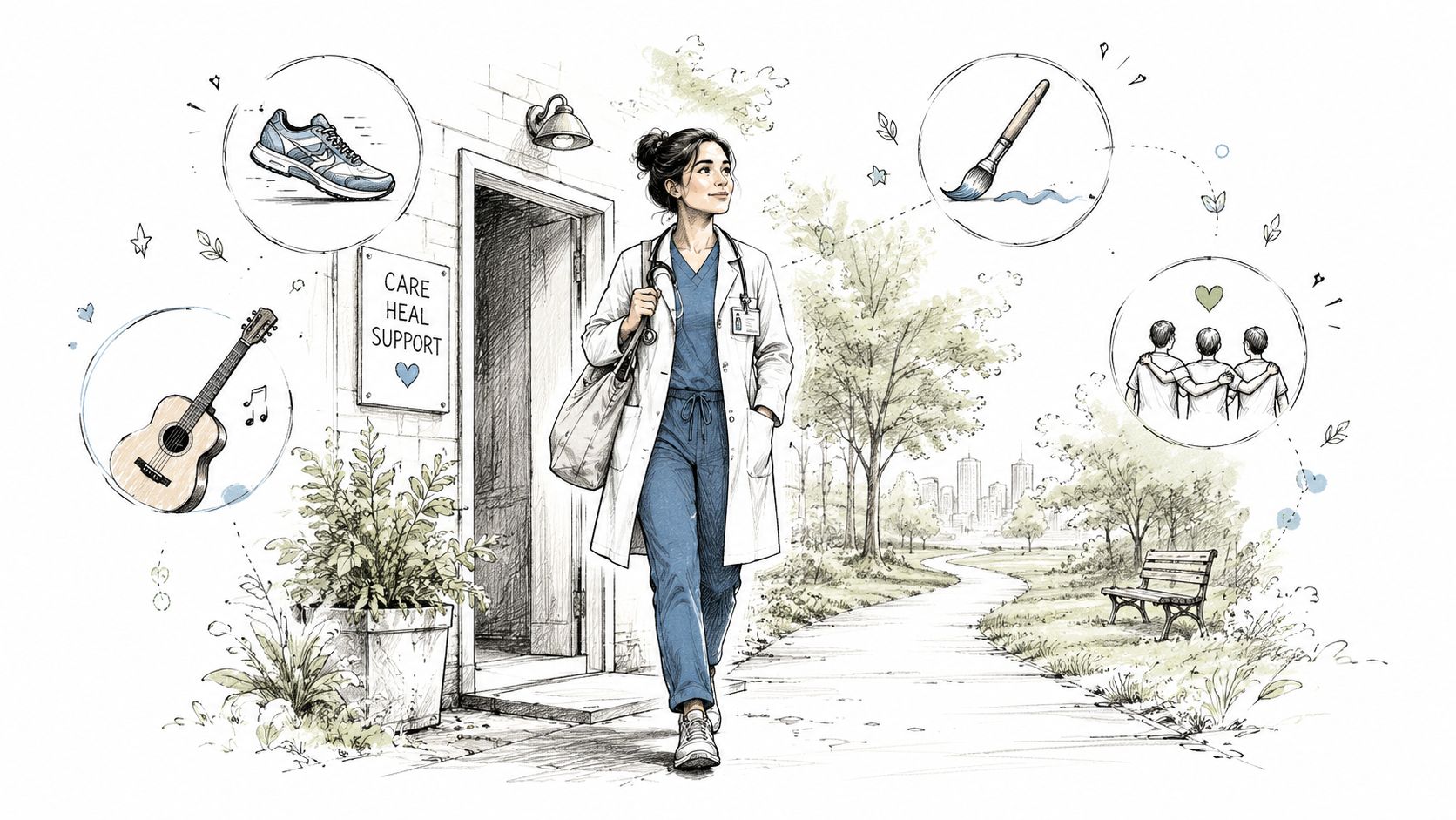 A healthcare professional walking out of a support center into a park with symbols of wellness activities.