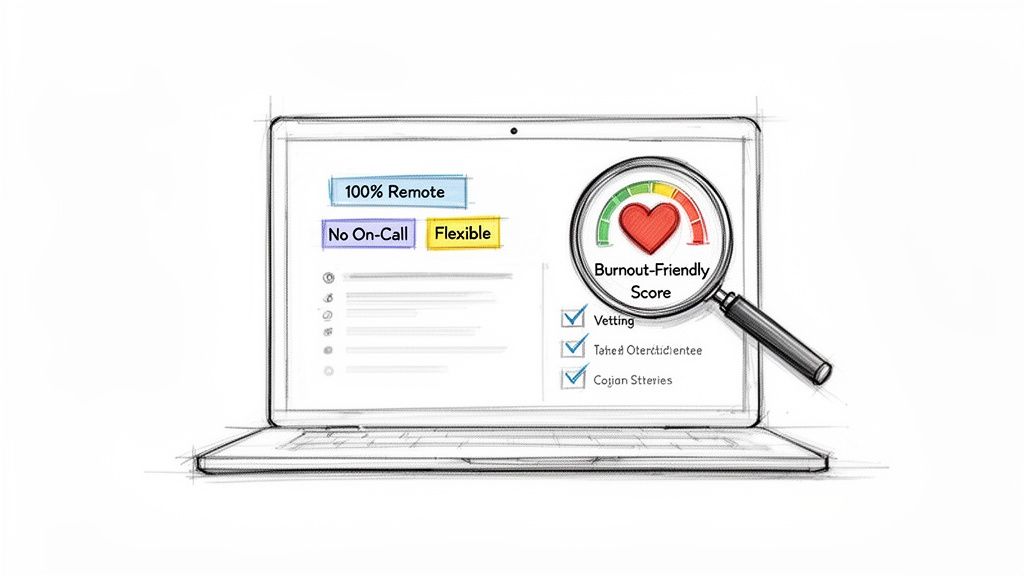 A sketch of a laptop displaying job criteria like "100% Remote," "No On-Call," and a "Burnout-Friendly Score" with a green heart.