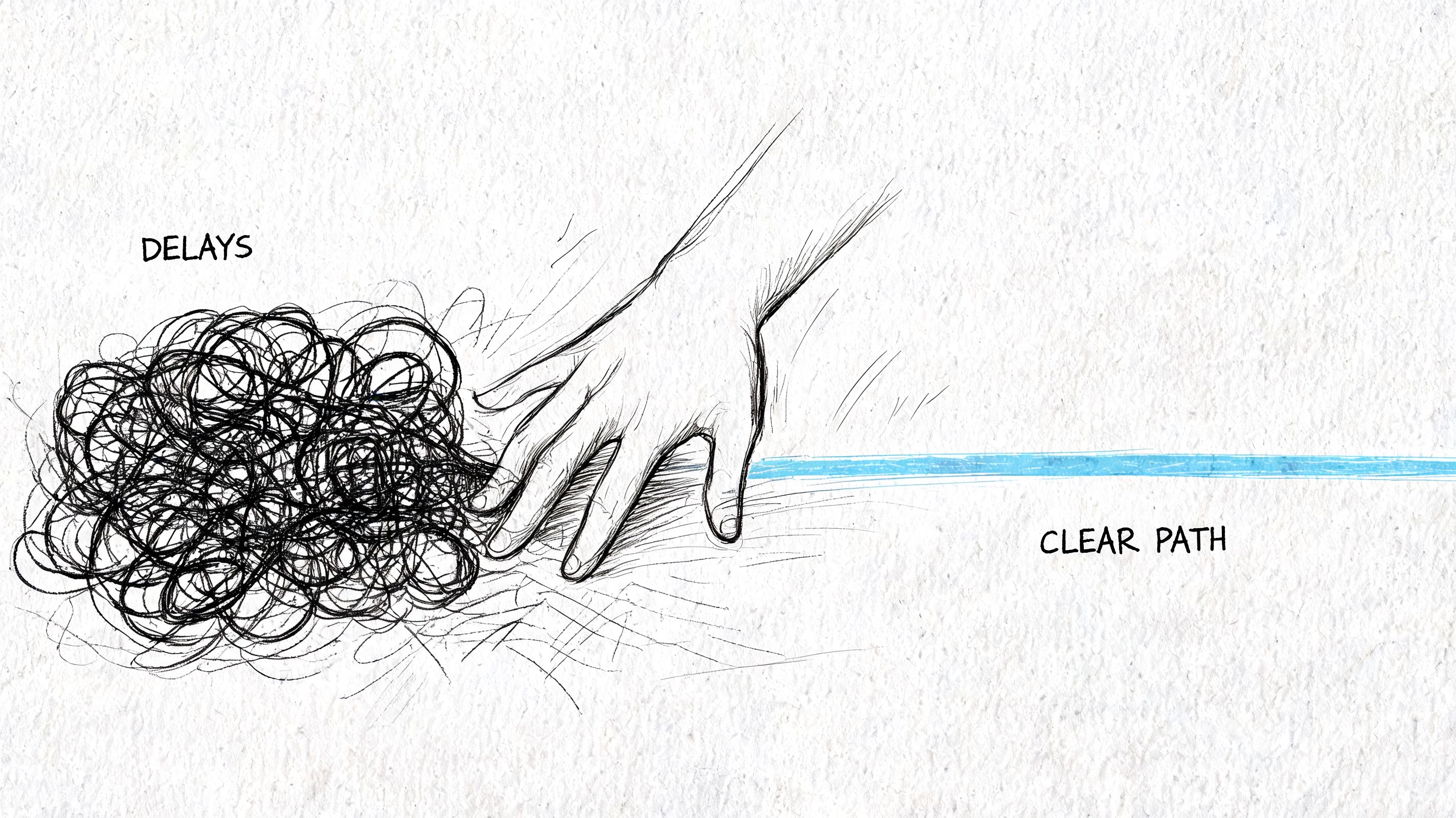 A hand reaching through a tangled mess of black scribbles towards a clear blue straight line path.