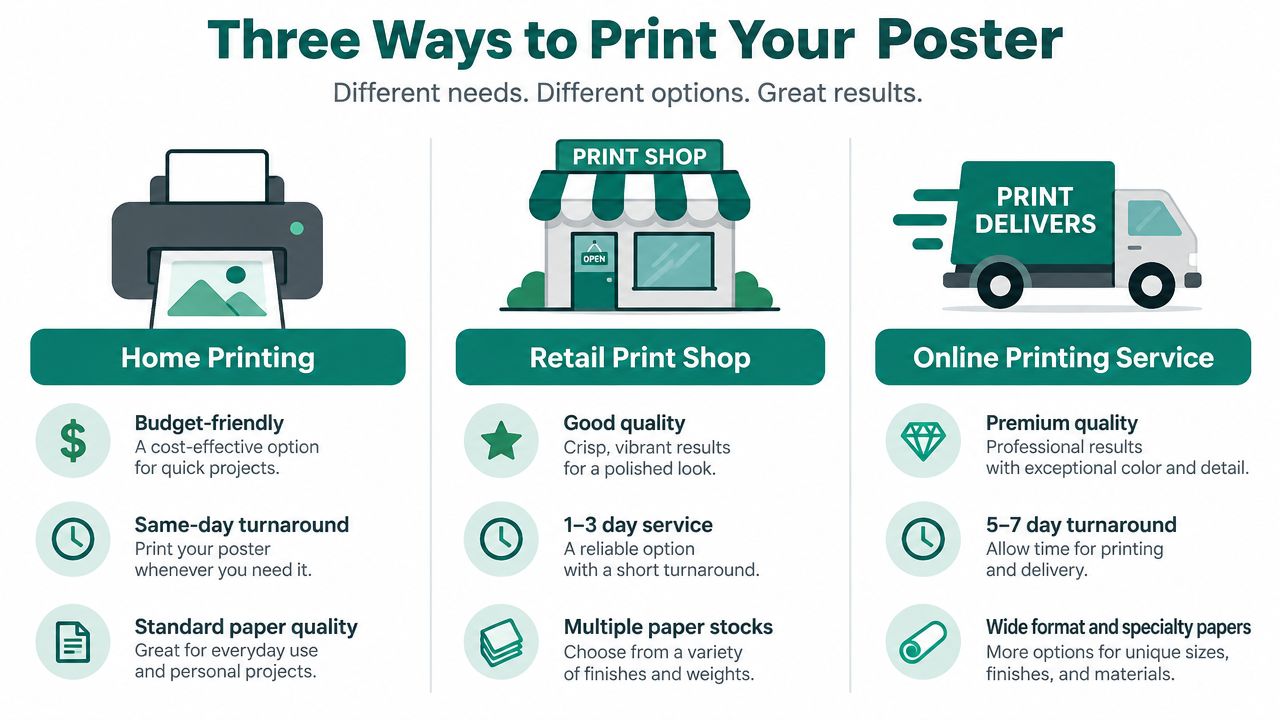 An infographic titled Three Ways to Print Your Poster, comparing home printing, retail print shops, and online services.