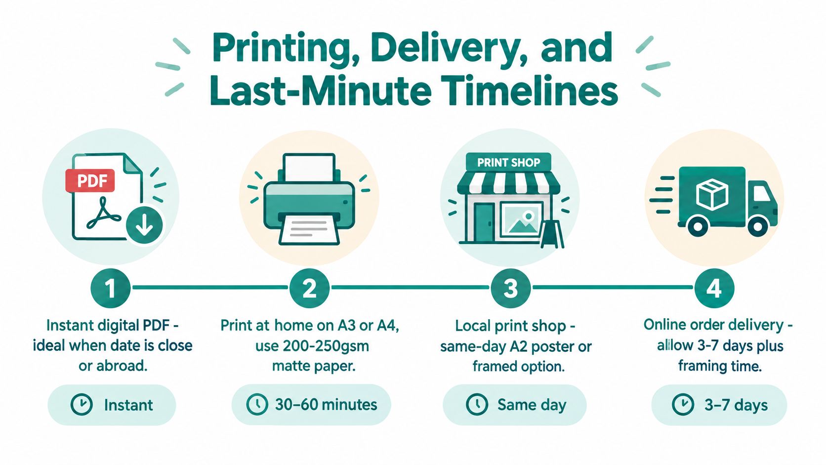 An infographic showing four options for printing and delivering wedding gifts with associated timeframes.