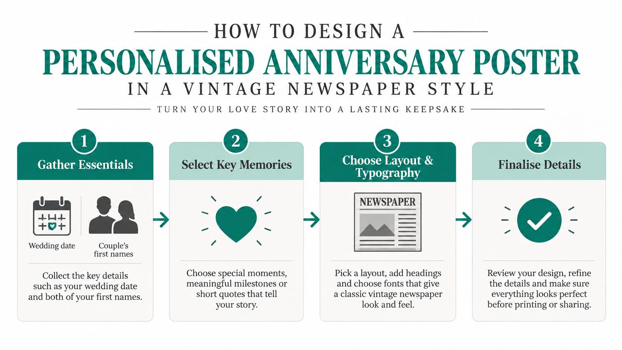 A step-by-step infographic titled How to Design a Personalised Anniversary Poster in a Vintage Newspaper Style.