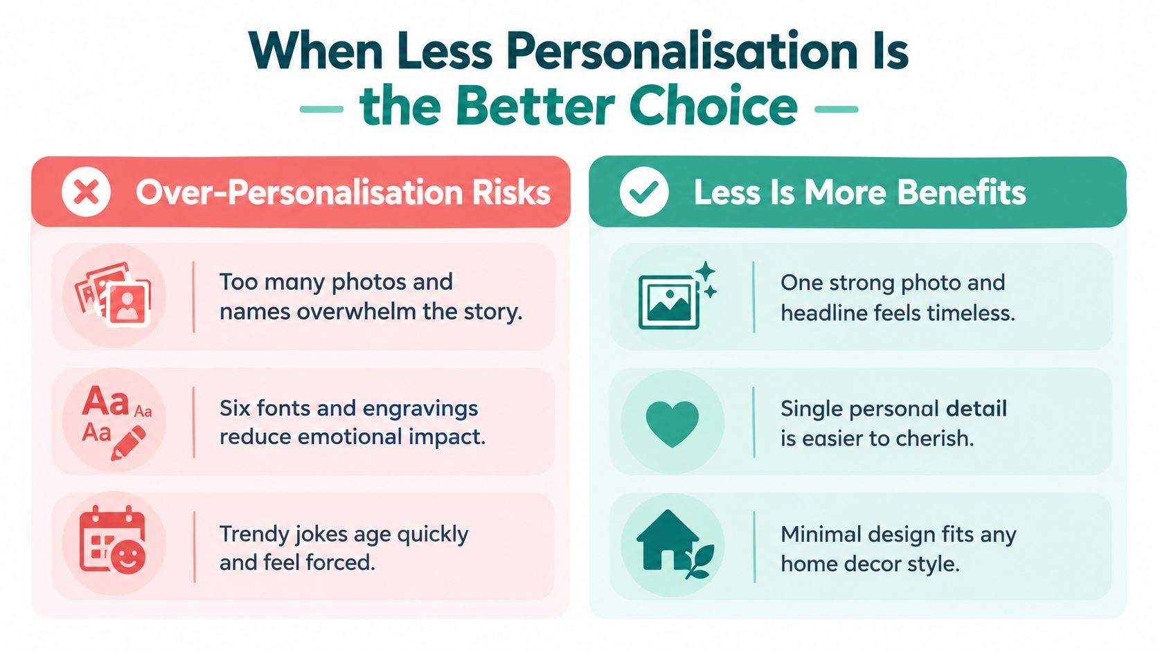 A comparison chart showing risks of over-personalization versus the benefits of simple, minimal personalization design choices.