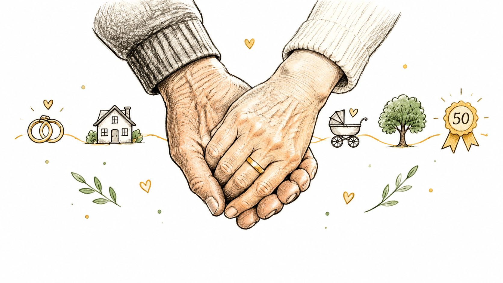 A pencil sketch of an elderly couple holding hands, surrounded by symbols representing their long life journey.