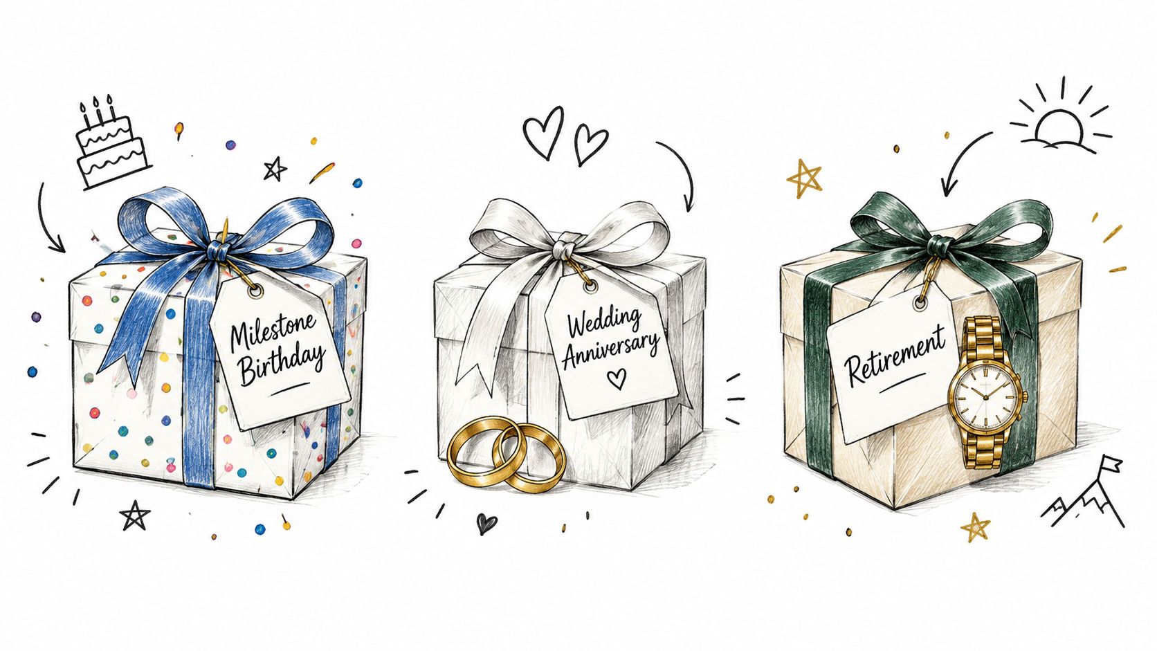 A hand-drawn illustration showing three gift boxes for milestone birthday, wedding anniversary, and retirement events.