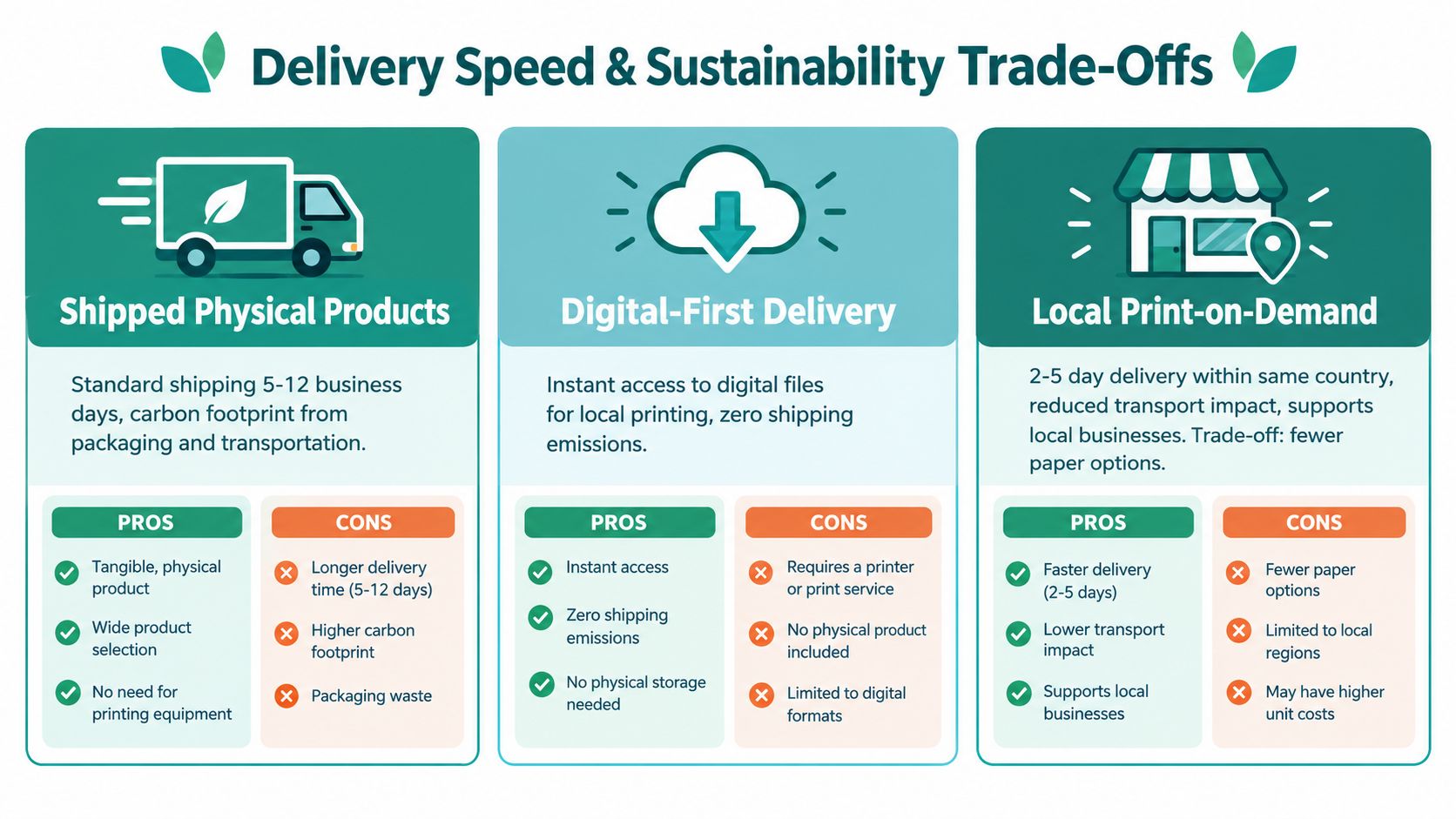 A comparison chart showing the delivery speed and sustainability trade-offs between physical products, digital-first delivery, and local print-on-demand.