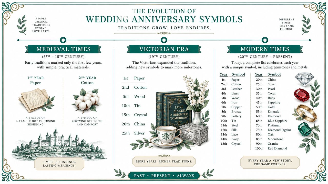 An infographic showing the evolution of wedding anniversary symbols from medieval times to the modern era.