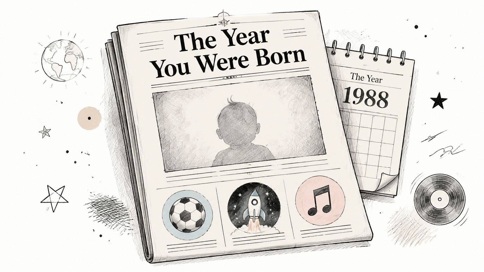 A conceptual sketch featuring a newspaper titled The Year You Were Born with 1988 on a calendar.