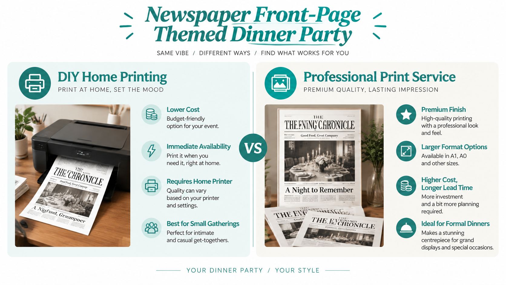 A side-by-side comparison infographic between DIY home printing and professional print services for newspaper-themed dinner parties.