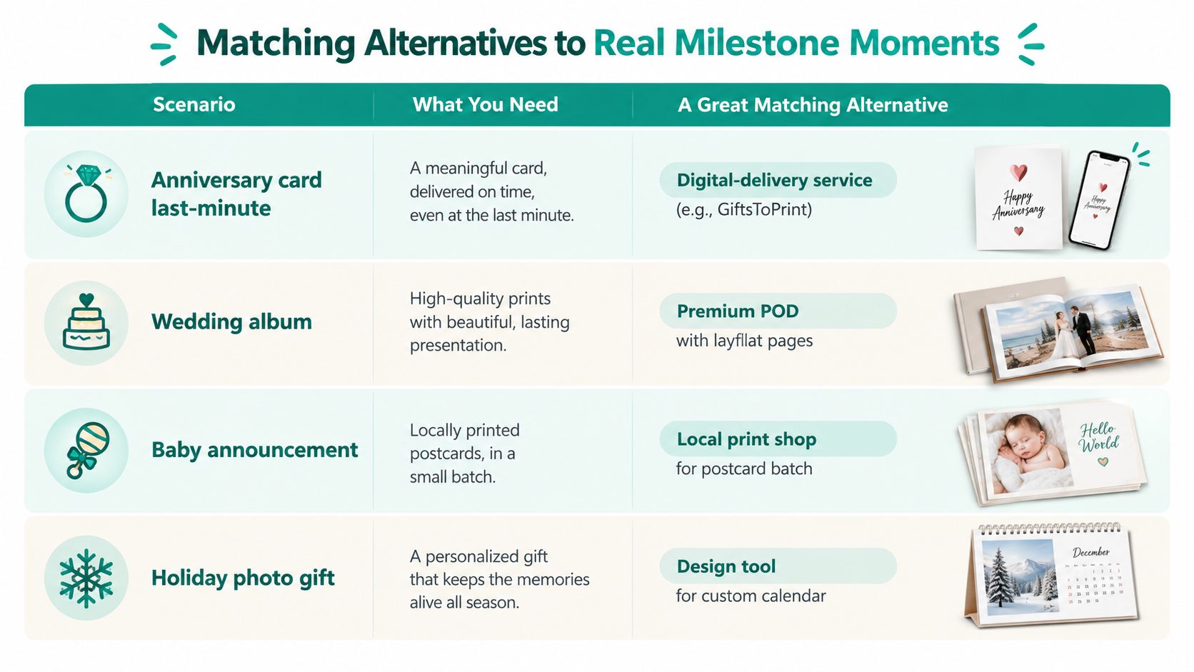 A chart showing matching printing alternatives for various milestone moments like anniversaries, weddings, babies, and holidays.