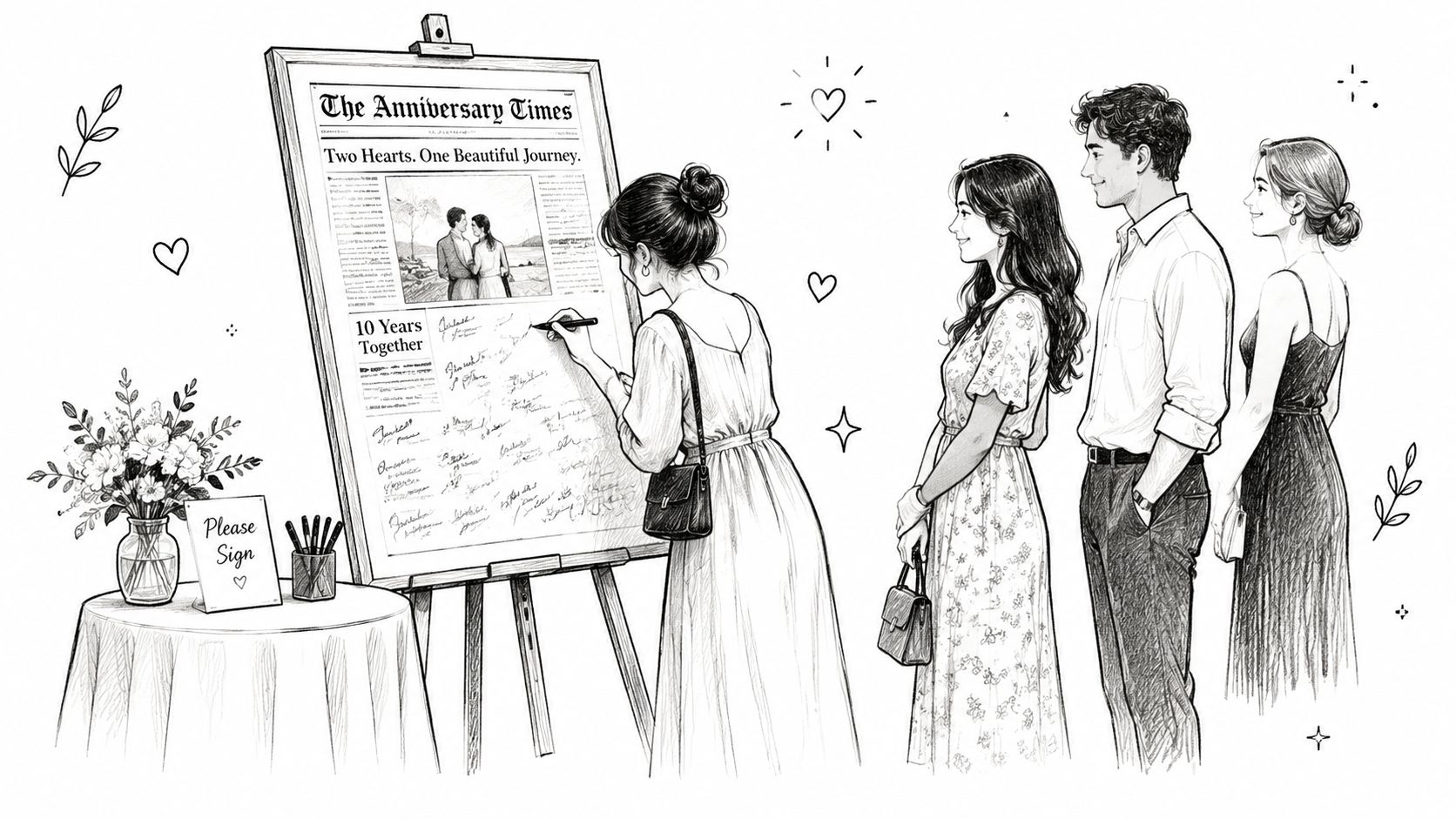 A line of guests waiting to sign a large anniversary themed welcome sign at an event.
