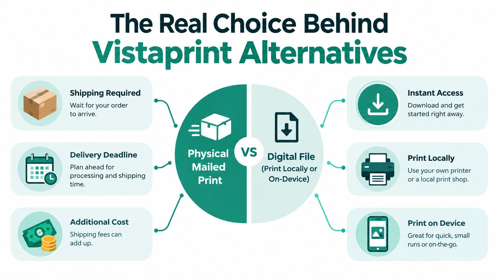 A comparison infographic between physical mailed prints and digital files for printing alternatives.