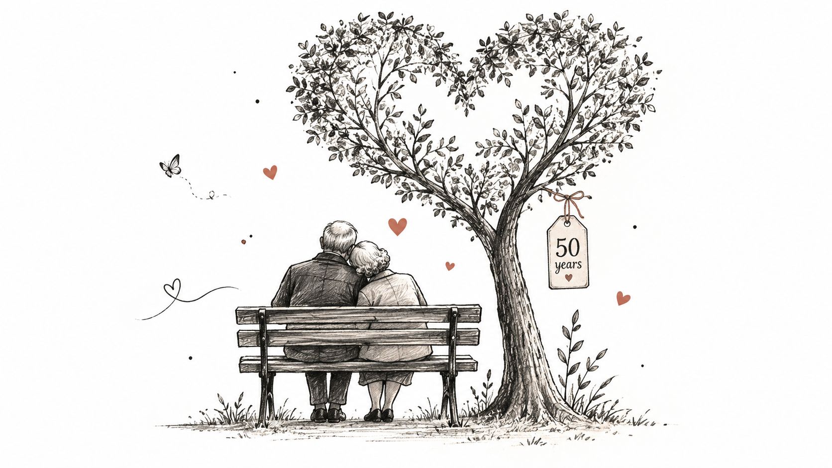 An elderly couple sits together on a park bench under a tree shaped like a heart.