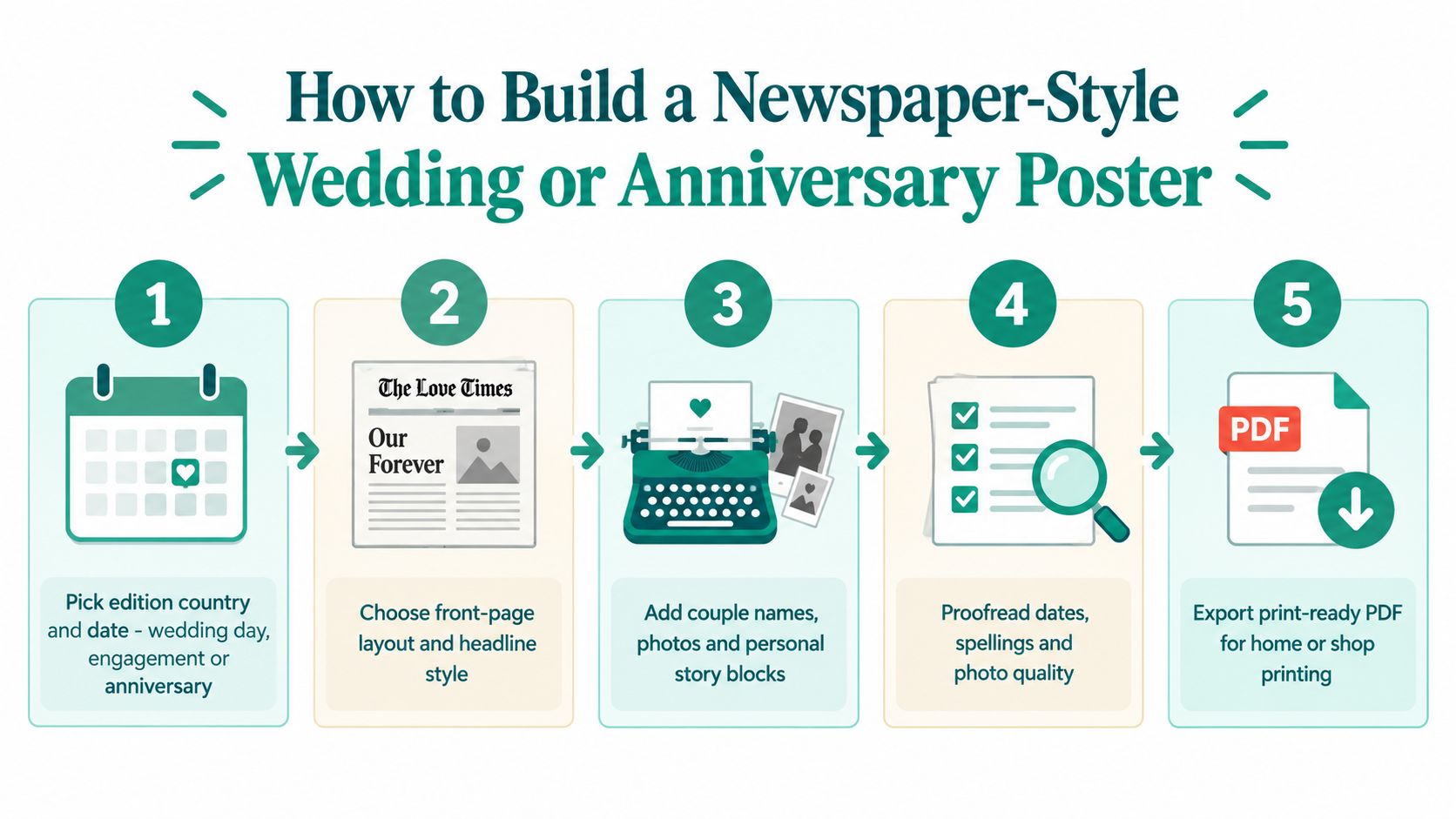 A step-by-step infographic titled How to Build a Newspaper-Style Wedding or Anniversary Poster with five numbered instructions.