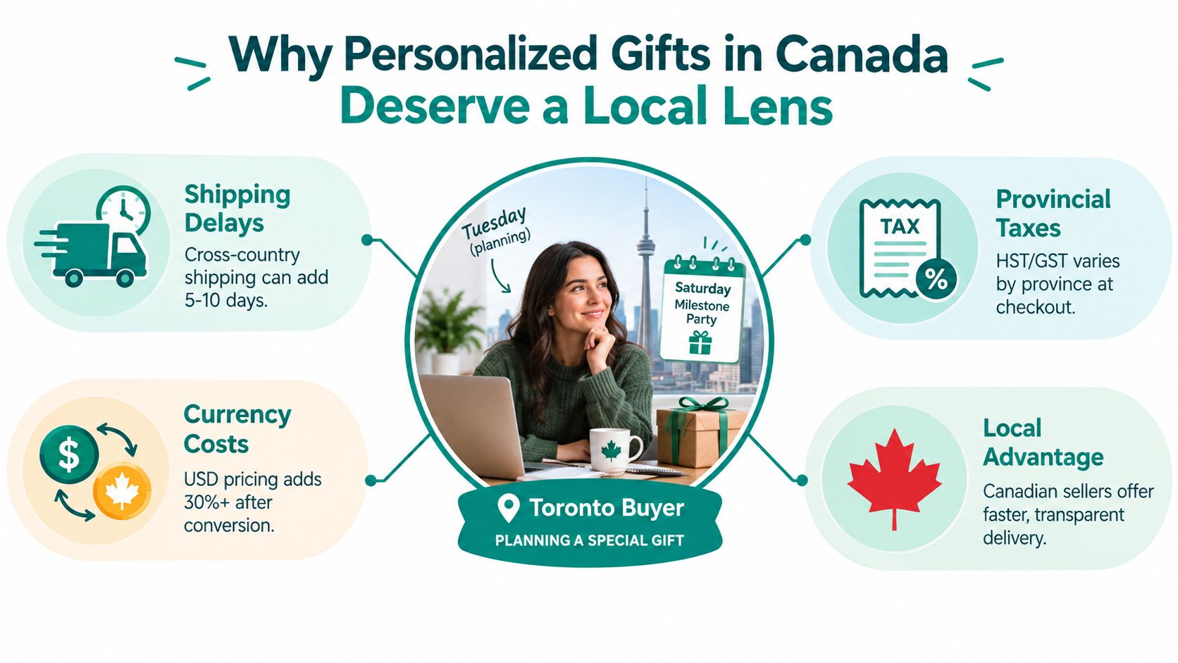 An infographic explaining the benefits of choosing local Canadian sellers for personalized gift shopping over international options.