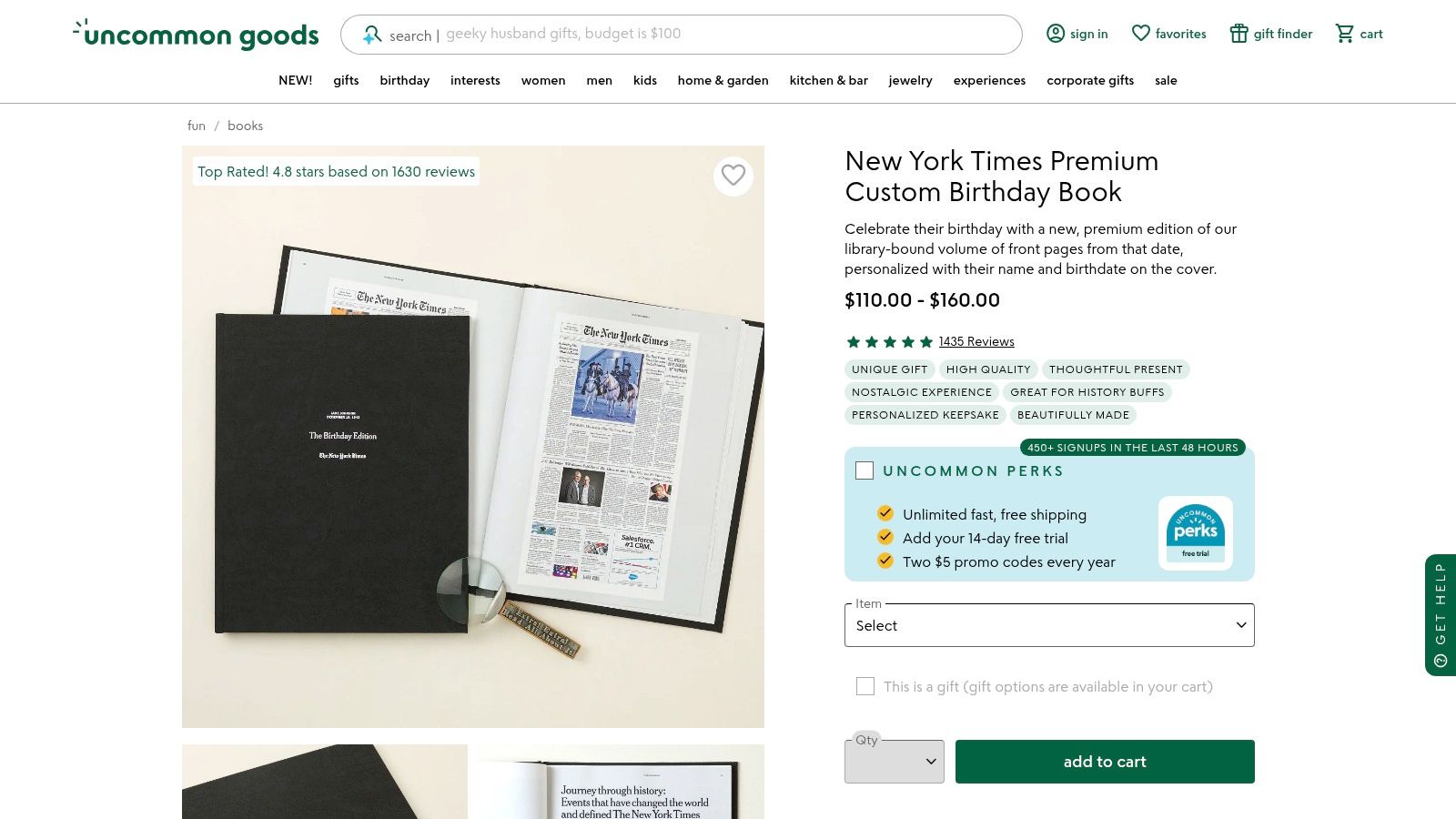 New York Times Premium Custom Birthday Book (via Uncommon Goods)