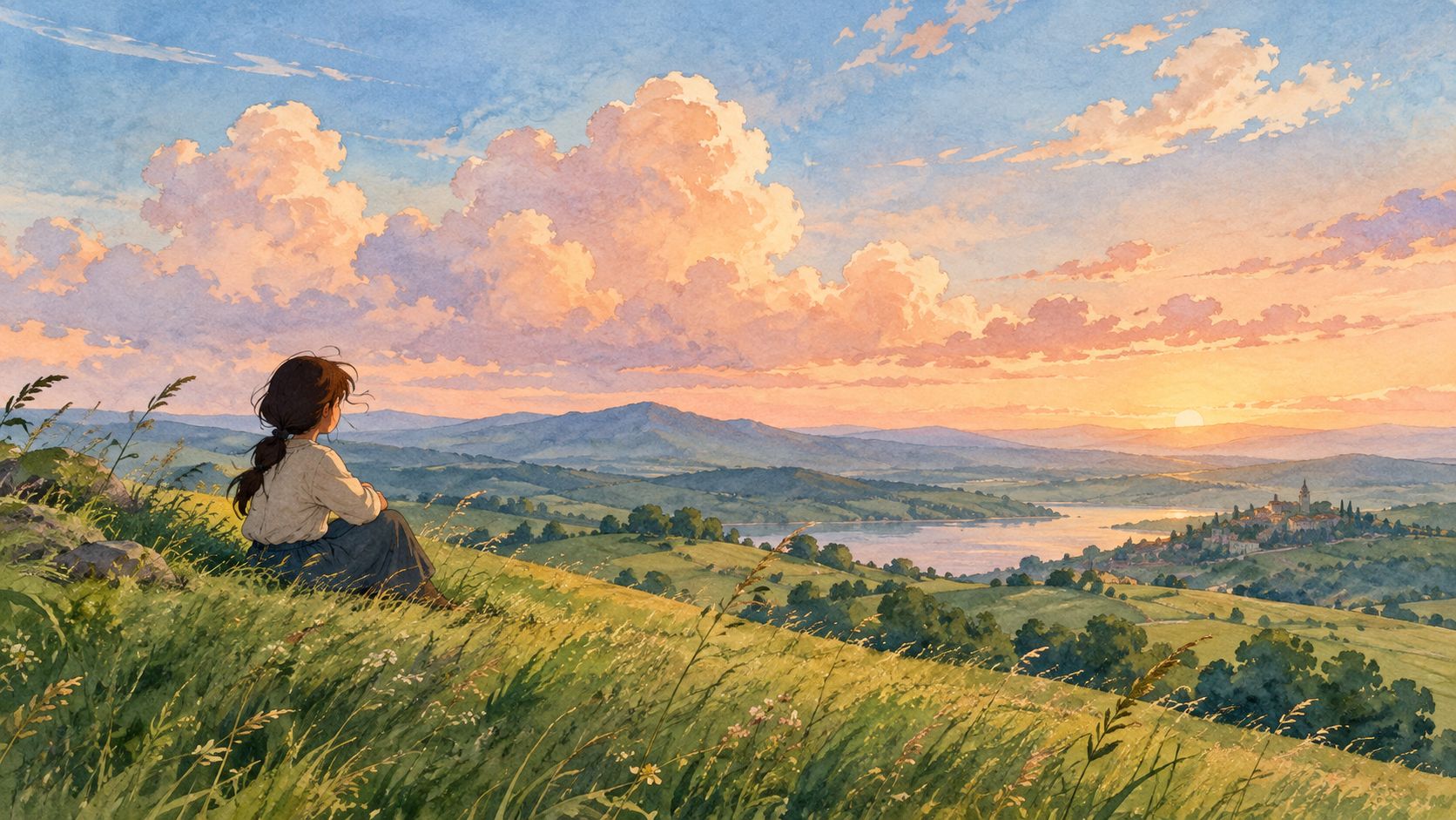 A girl sitting on a grassy hillside looking over a scenic landscape at sunset with a lake
