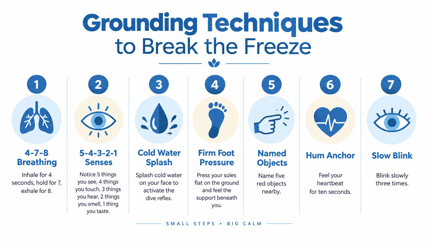 A helpful infographic listing seven simple grounding techniques designed to help individuals break the freeze state of anxiety.