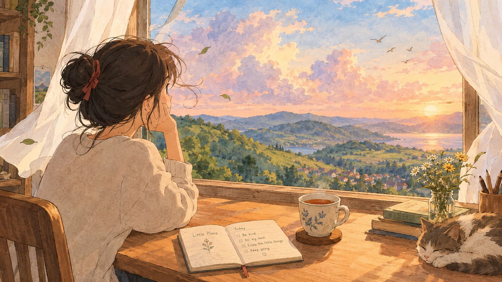 A girl sitting by a window looking at a sunset over hills while drinking tea and writing.