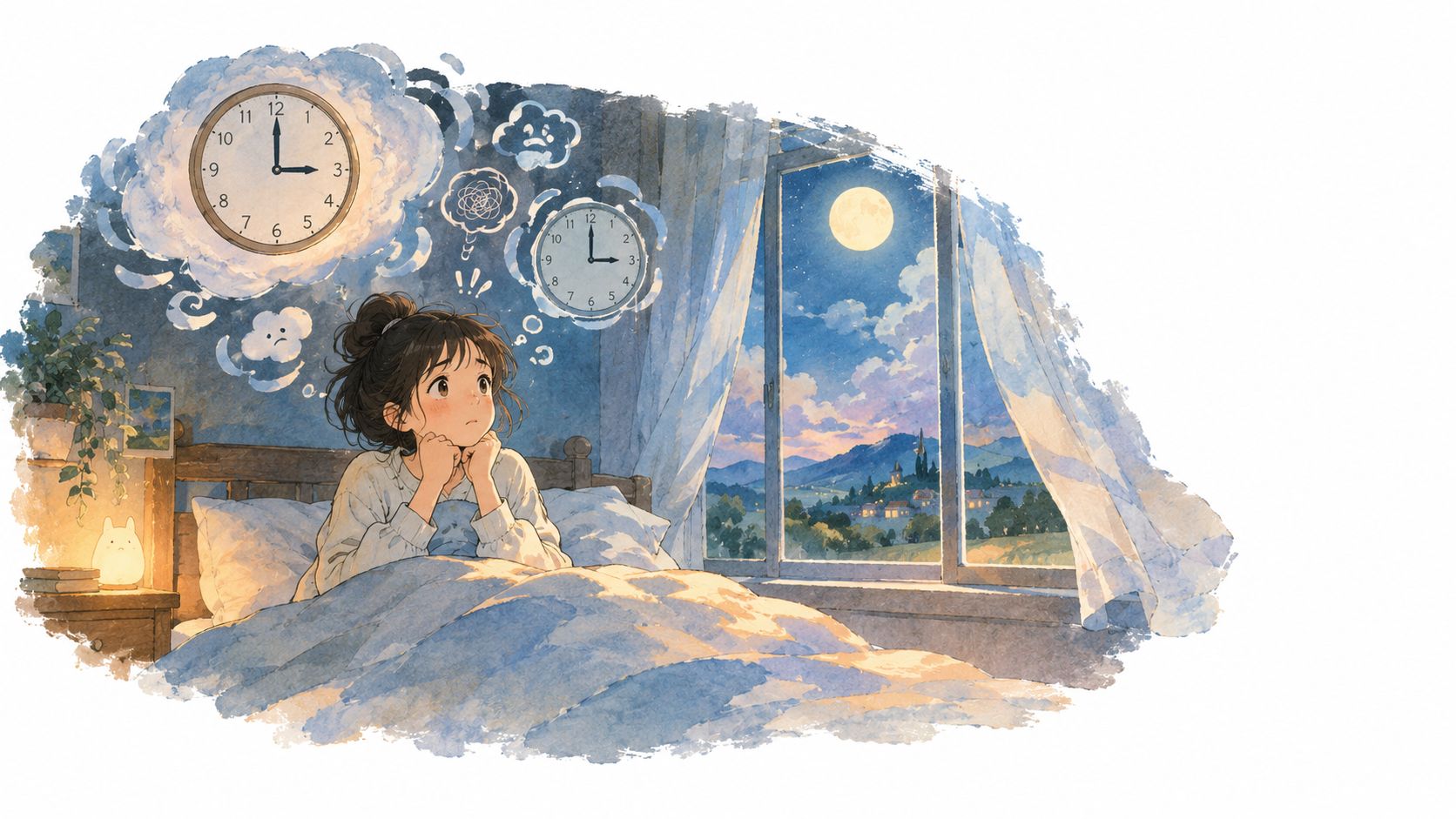 A young girl sits awake in bed at night, feeling anxious with clocks showing three o'clock.