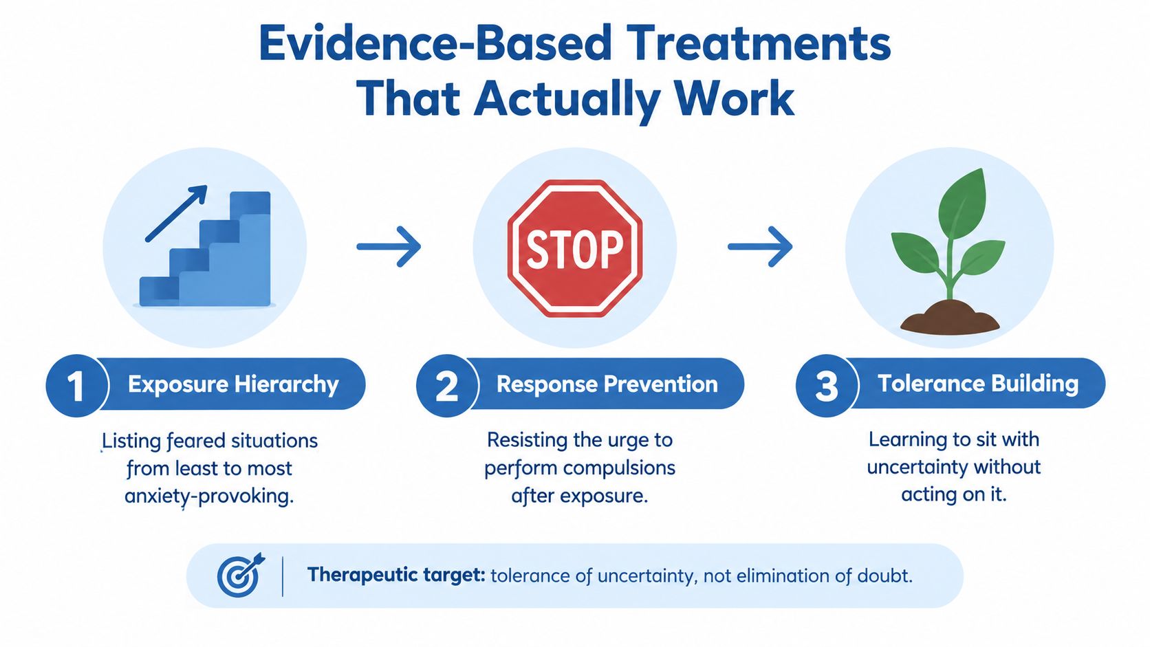 A diagram illustrating three evidence-based steps for treating OCD: exposure hierarchy, response prevention, and tolerance building.