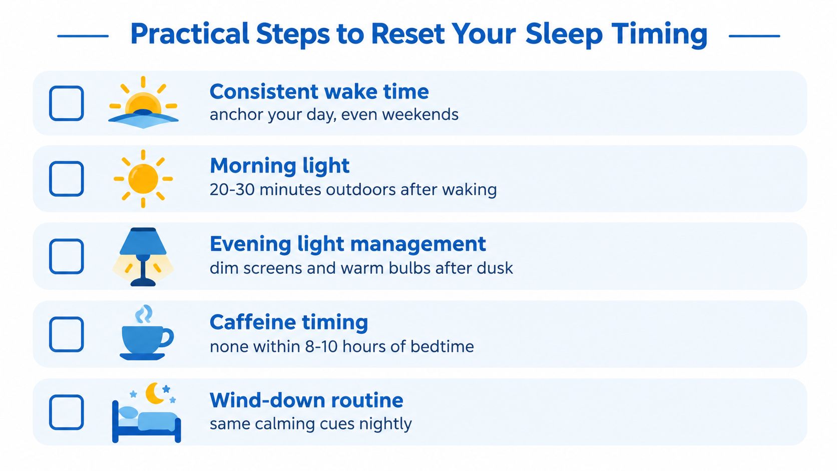 A checklist infographic titled Practical Steps to Reset Your Sleep Timing illustrating five healthy daily habits.