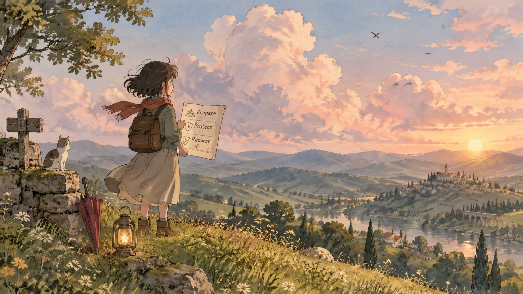 A young girl with a backpack stands on a hill overlooking a peaceful village landscape during sunset.