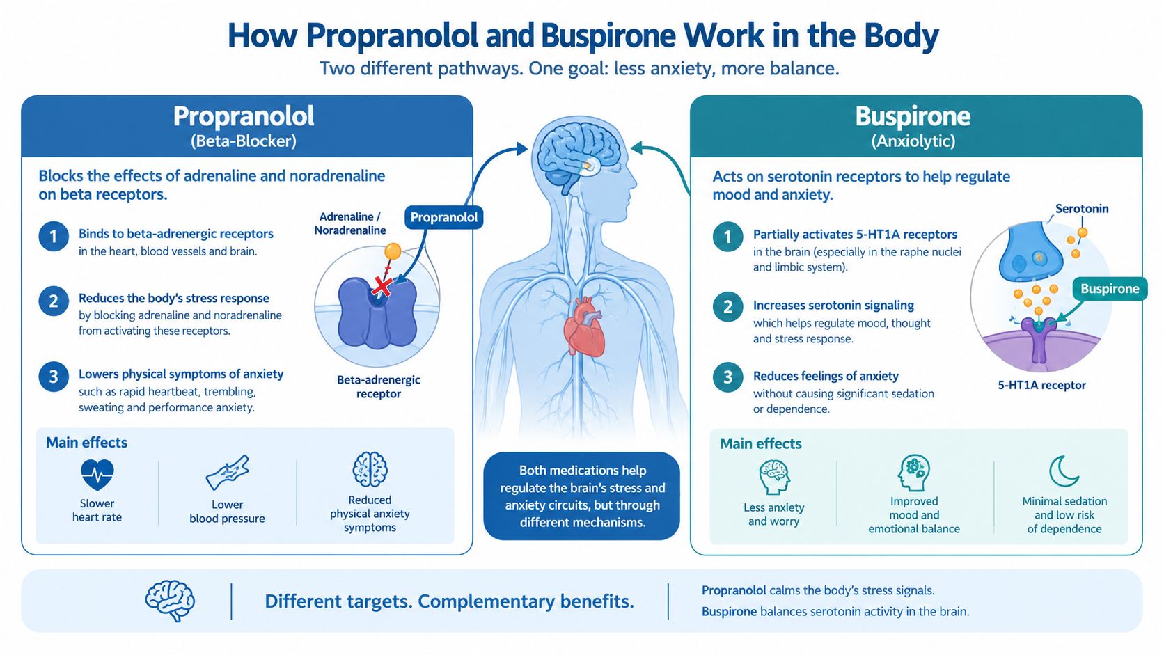 A diagram comparing how Propranolol and Buspirone work differently to reduce anxiety and regulate stress response.