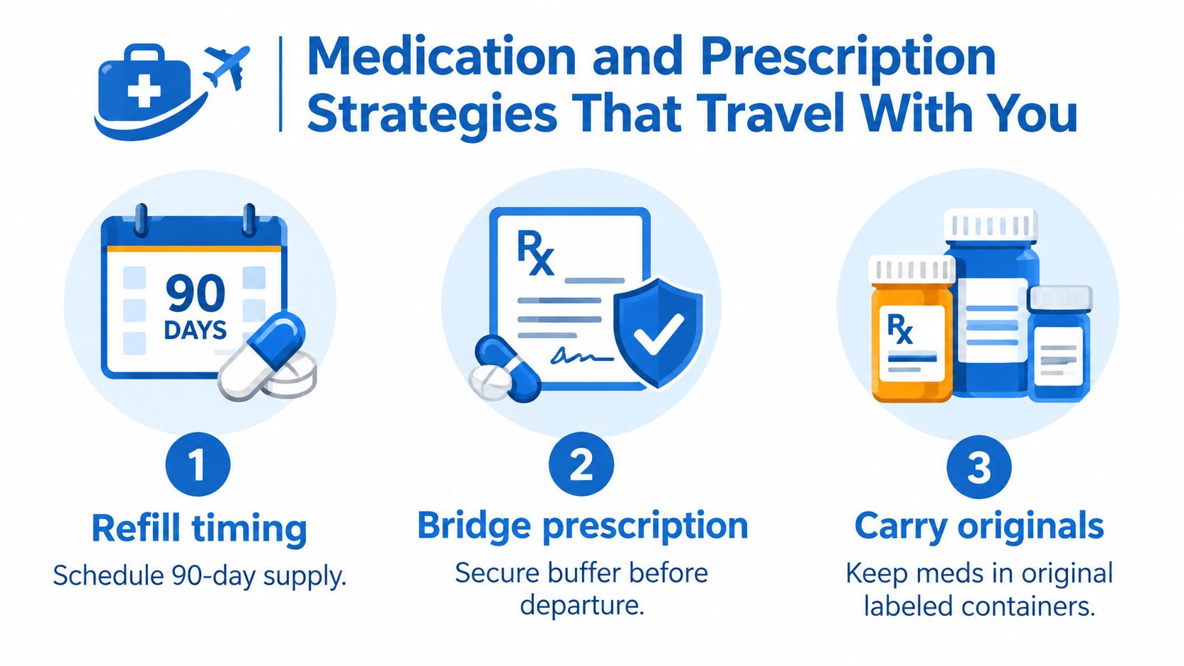 A travel health infographic illustrating three strategies for managing prescription medications while traveling abroad.