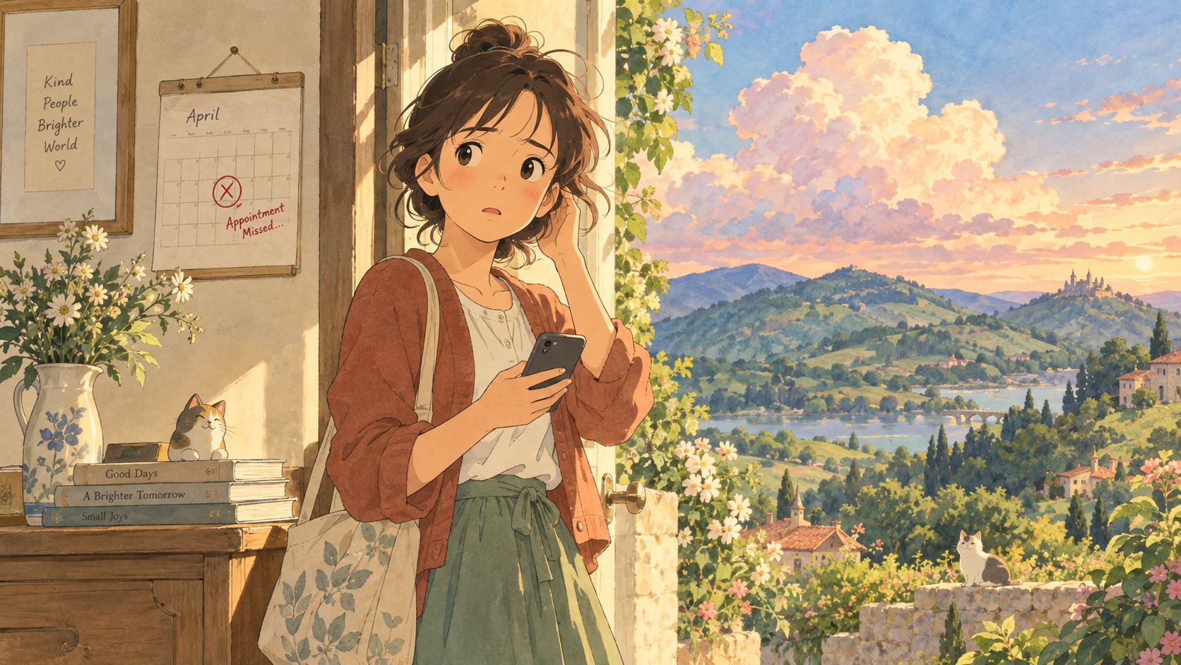 A young woman standing in a doorway looking concerned while holding her phone near a calendar.