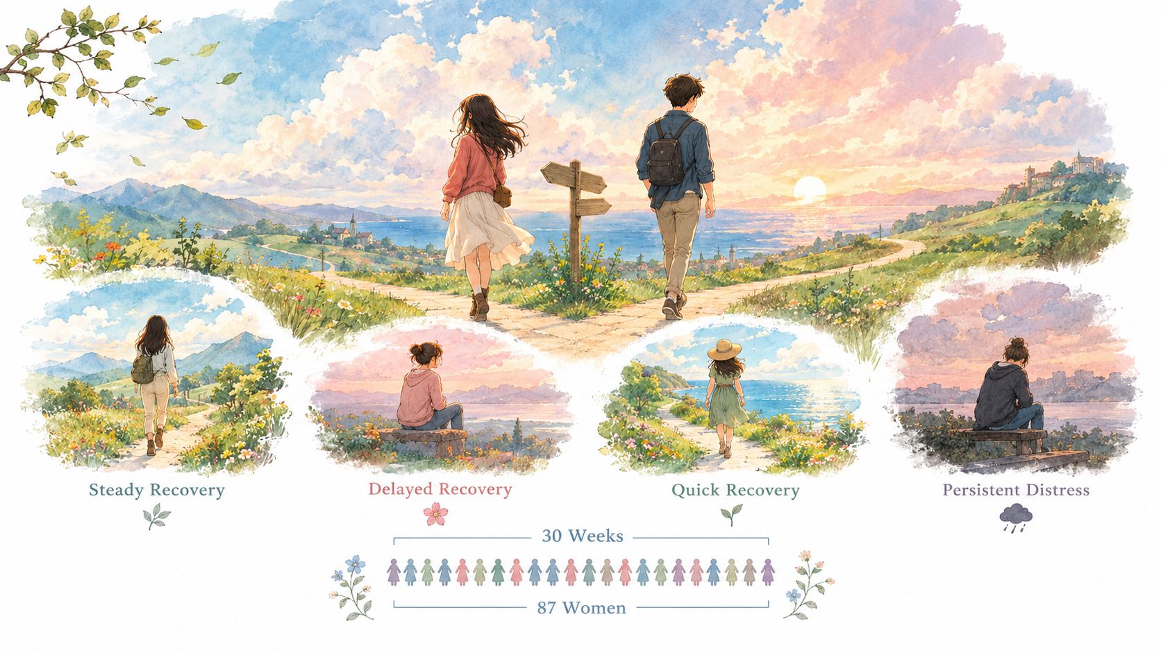 A watercolor illustration visualizing different recovery paths from emotional distress after a breakup in 87 women.