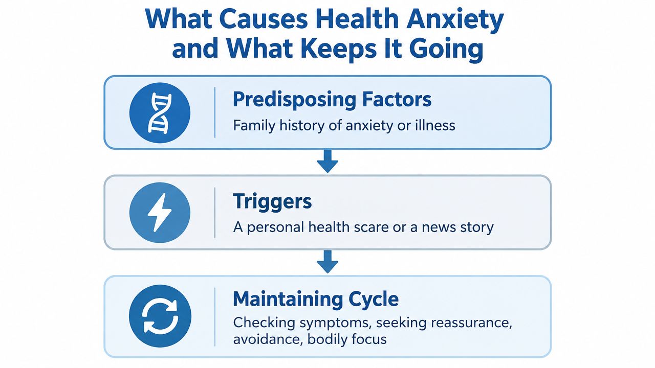 A flowchart explaining health anxiety through predisposing factors, triggers, and the maintaining cycle of related behaviors.